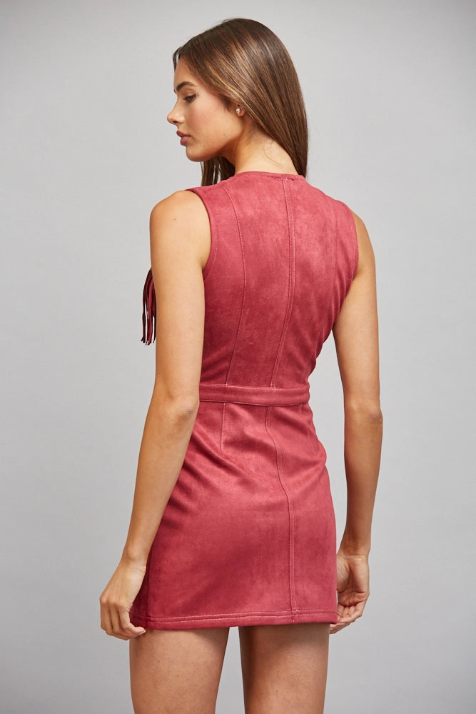FAUX SUEDE FRINGE TRIMMED DRESS