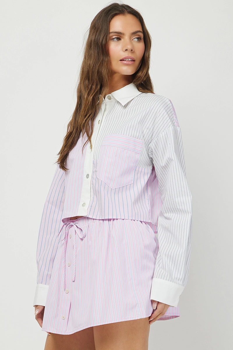 LIGHT PINK STRIPE CROP BUTTON UP