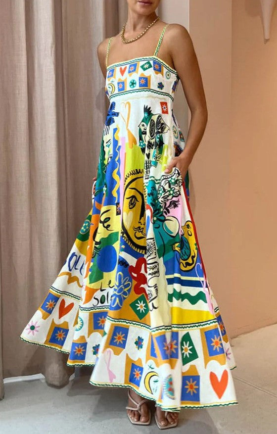 FOLK PRINT SWING MIDI DRESS