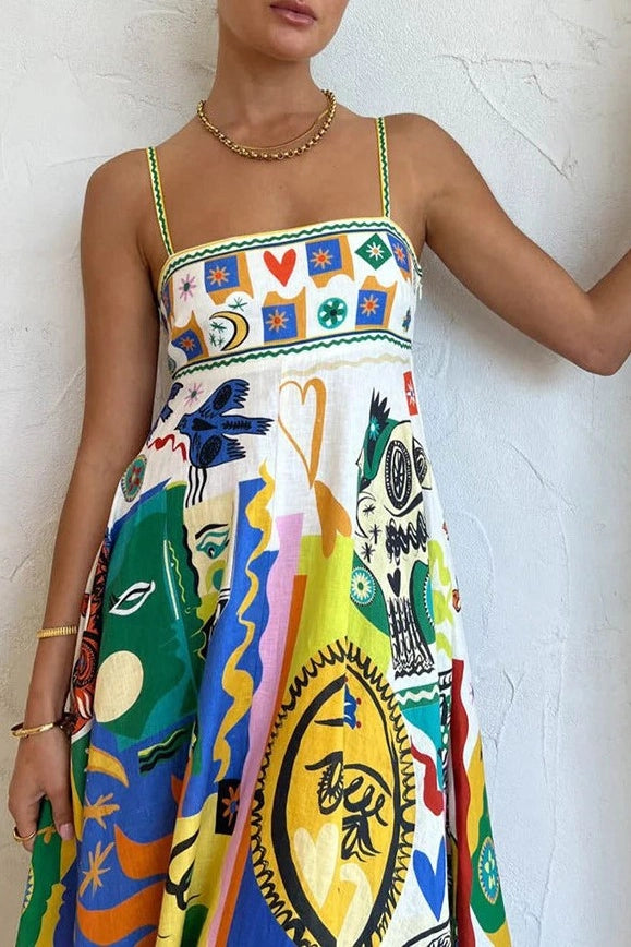 FOLK PRINT SWING MIDI DRESS