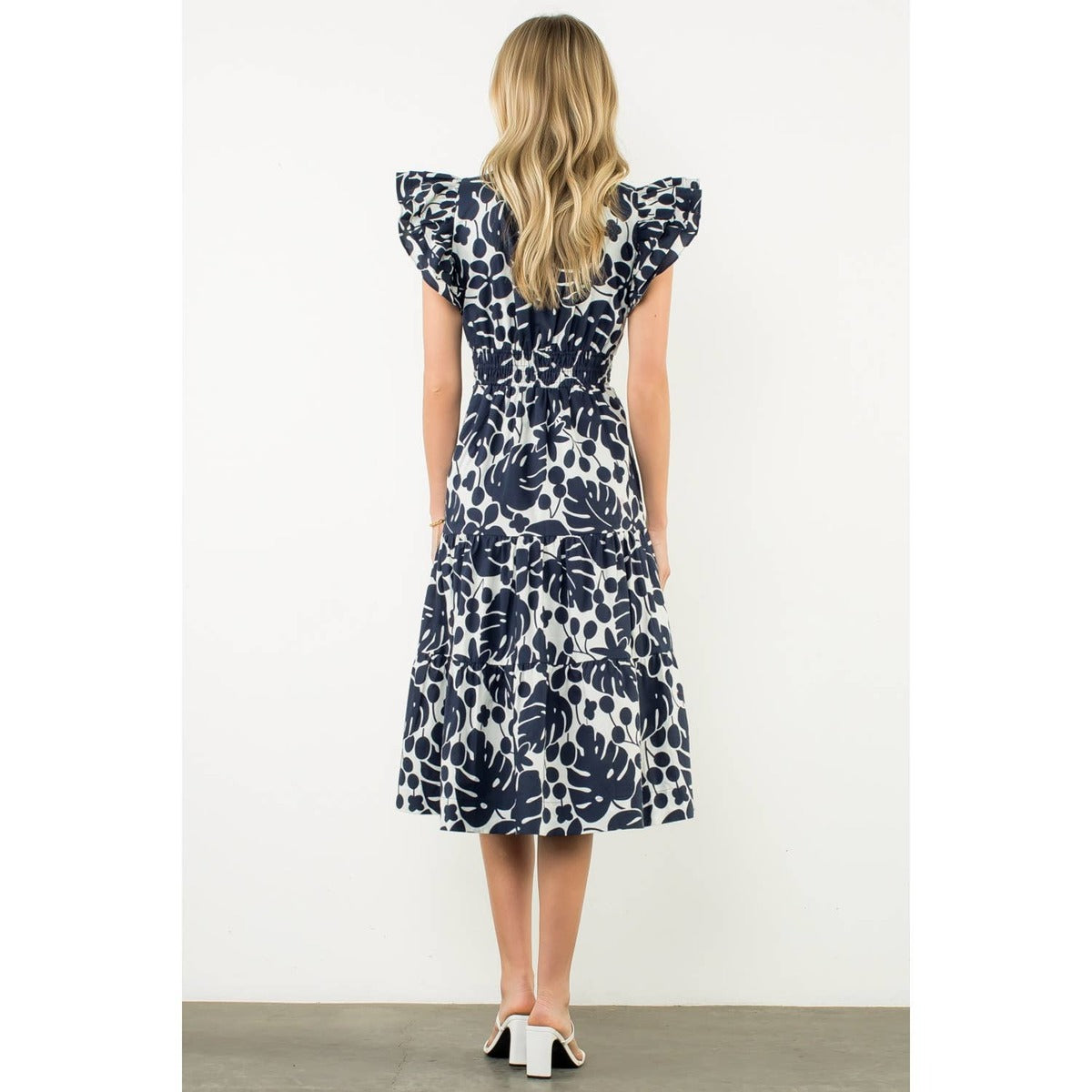 FLUTTER SLEEVE PRINT MIDI DRESS