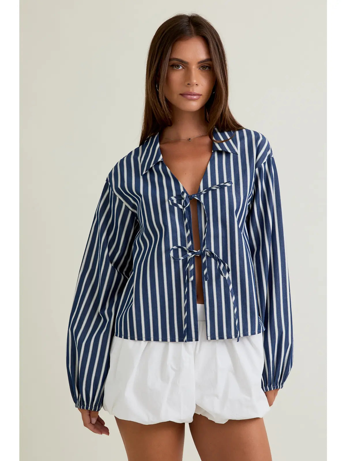 STRIPE LONG SLEEVE TIE TOP