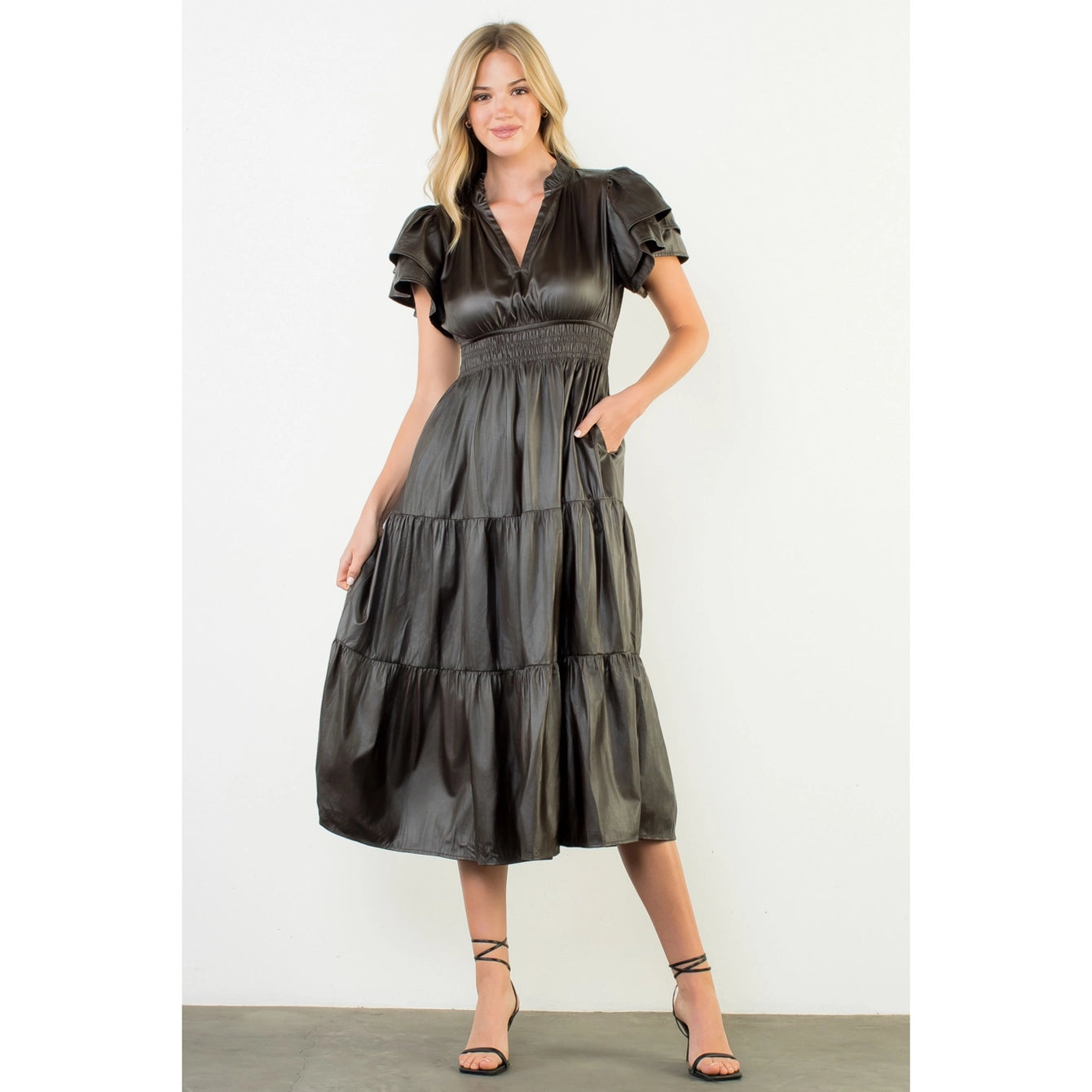 FLUTTER SLEEVE LEATHER MAXI DRESS