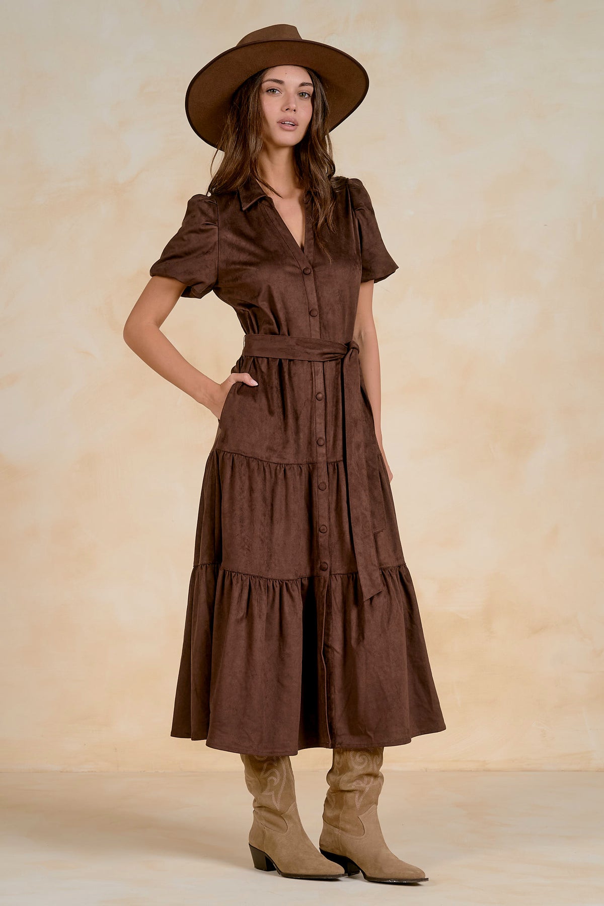 FAUX SUEDE PUFF SLEEVE DRESS