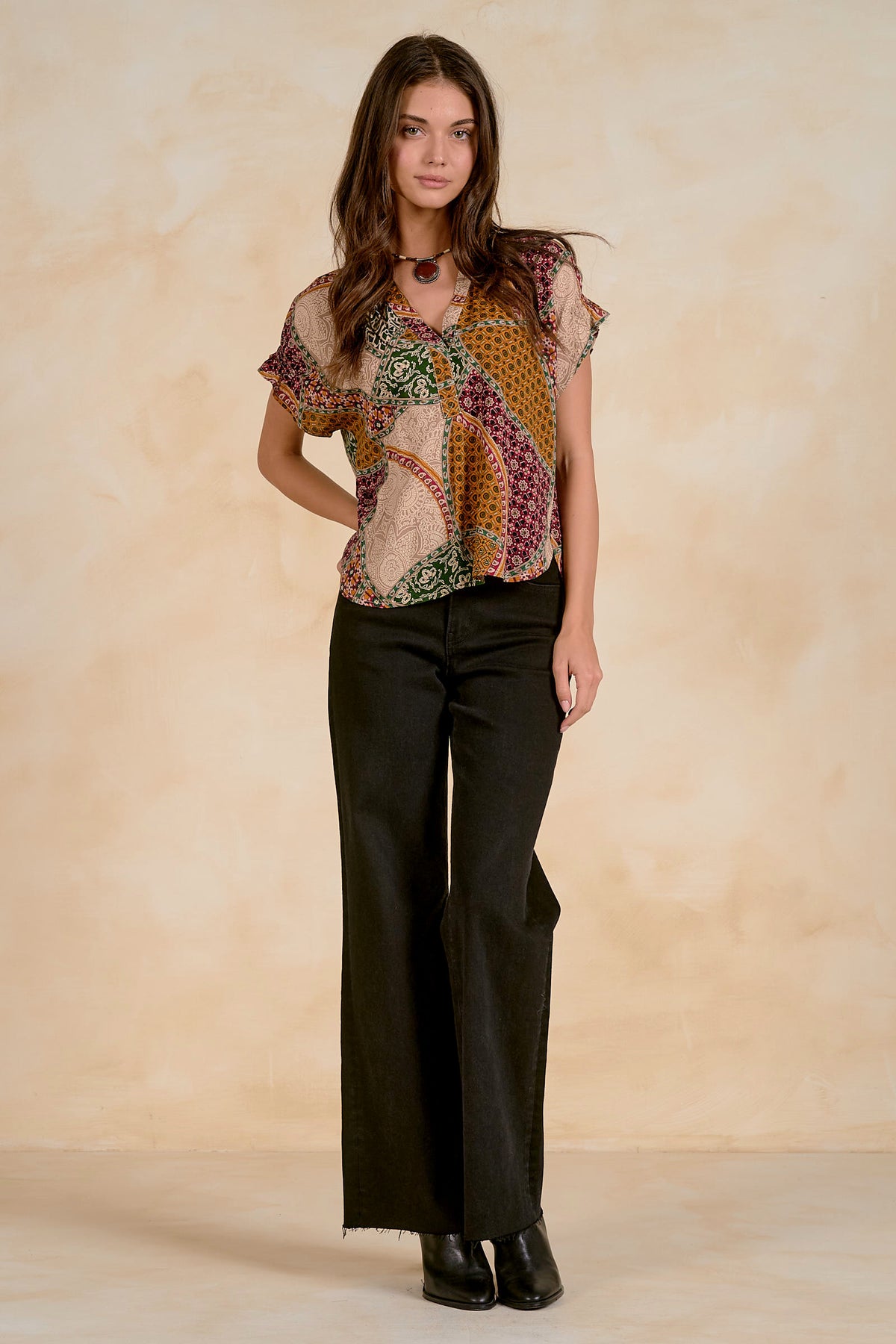 BOHO PRINT V-NECK TOP