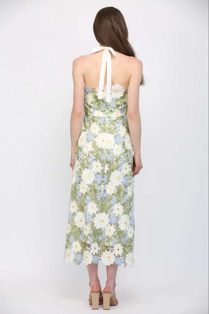 LACE OVERLAY HALTER MIDI DRESS