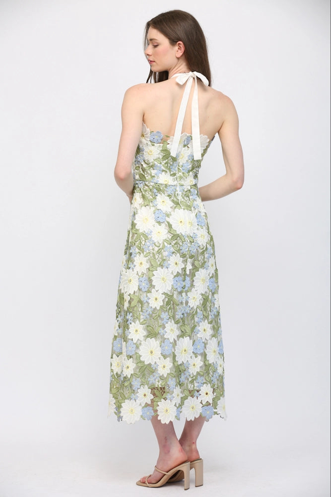LACE OVERLAY HALTER MIDI DRESS