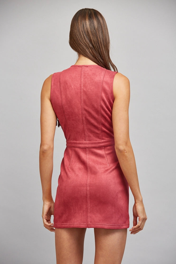 FAUX SUEDE FRINGE TRIMMED DRESS