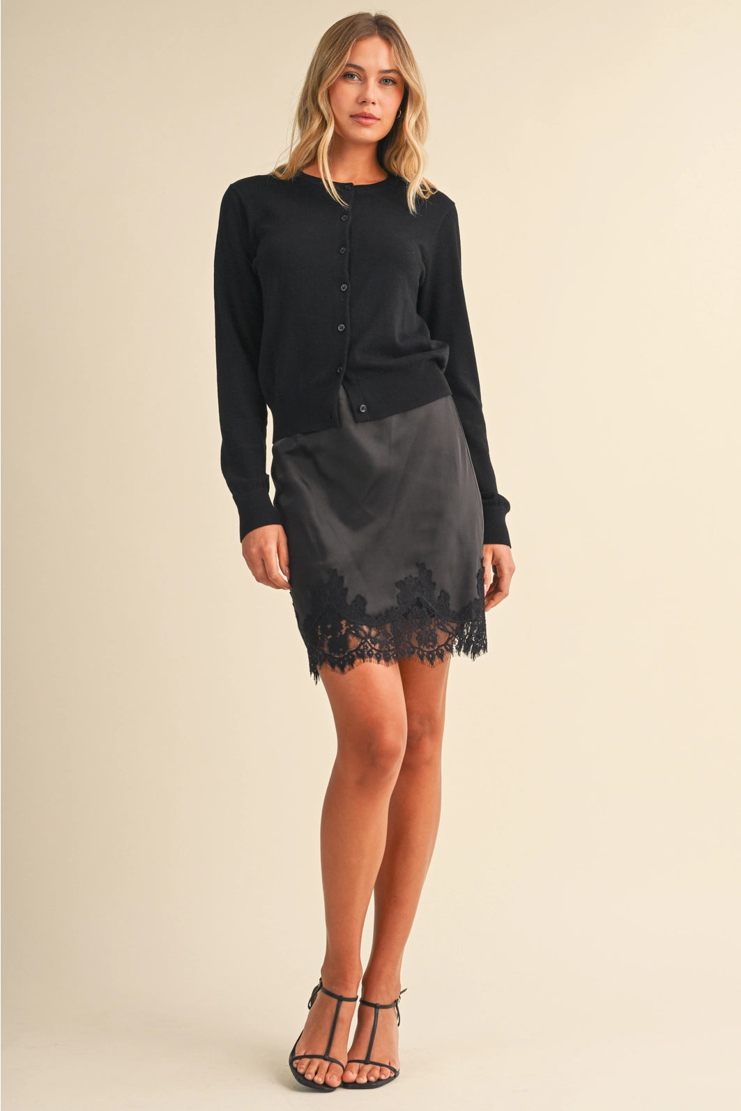 BLACK SATIN SKIRT WITH LACE