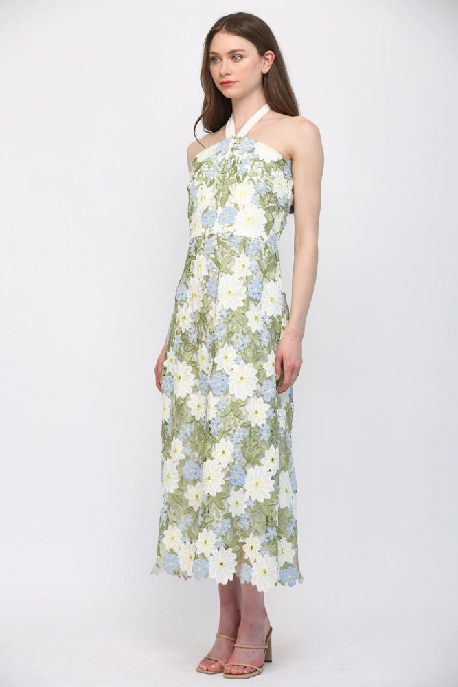 LACE OVERLAY HALTER MIDI DRESS
