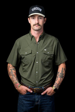 OLIVE SHORT SLEEVE SNAP SHIRT