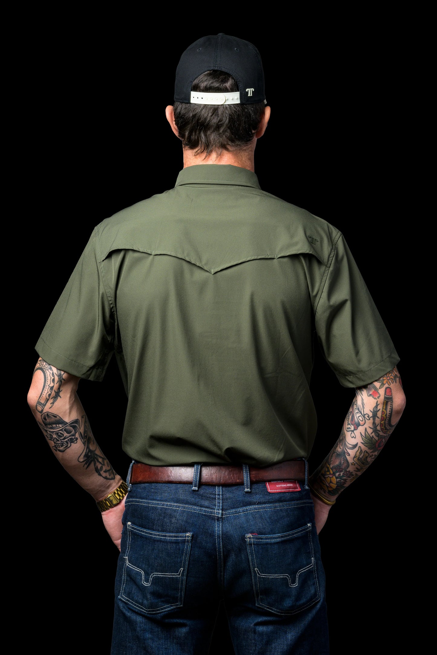 OLIVE SHORT SLEEVE SNAP SHIRT