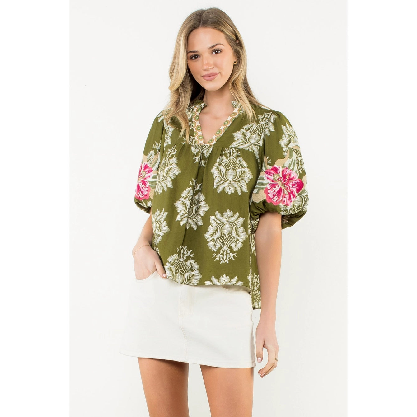 OLIVE EMBROIDERED FLORAL TOP