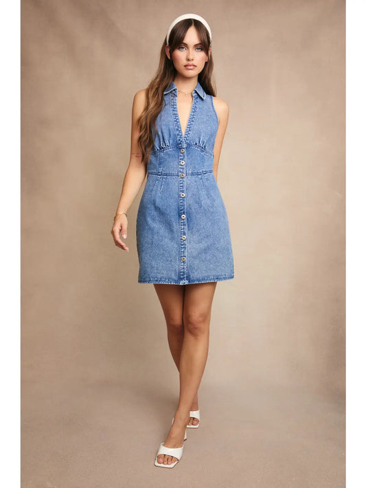 DENIM HALTER NECK DRESS