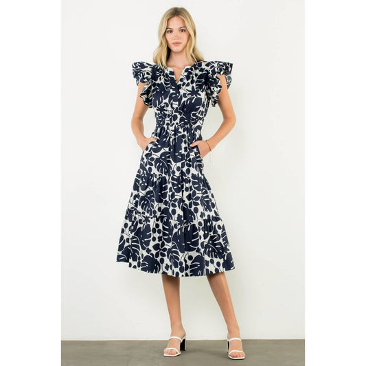 FLUTTER SLEEVE PRINT MIDI DRESS