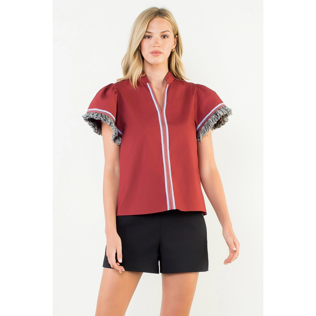 BURGUNDY FRINGE SLEEVE TOP