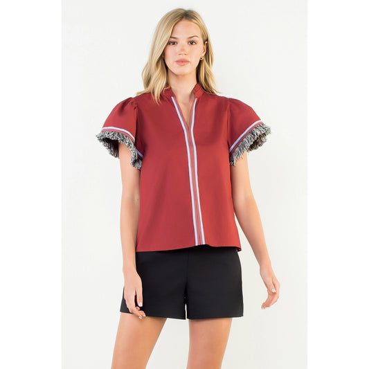 BURGUNDY FRINGE SLEEVE TOP
