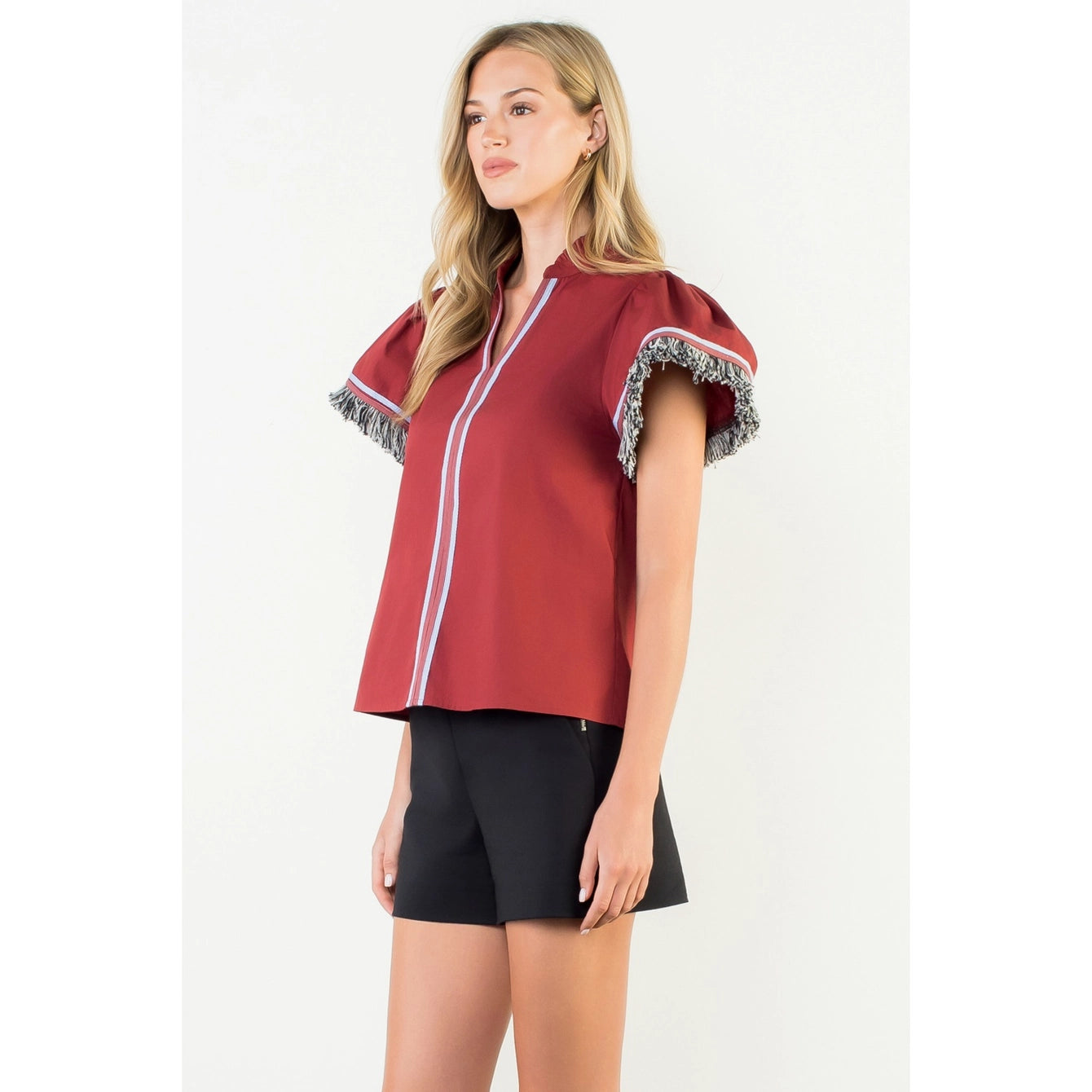BURGUNDY FRINGE SLEEVE TOP