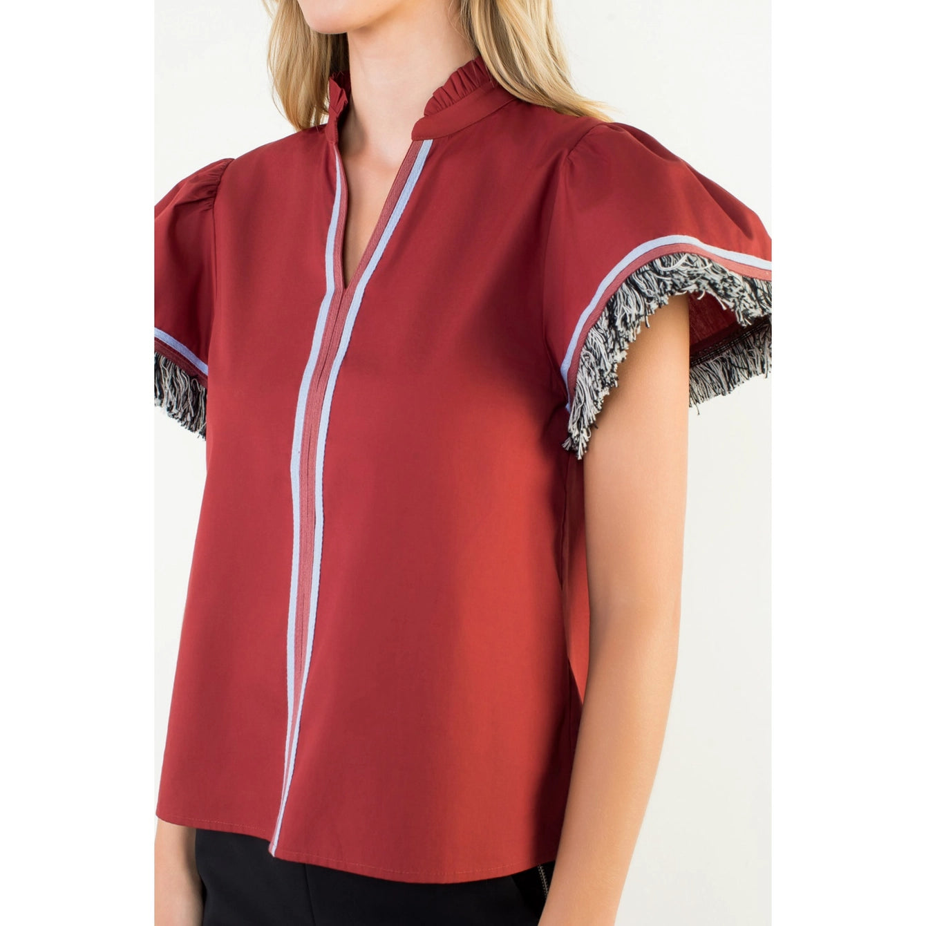 BURGUNDY FRINGE SLEEVE TOP