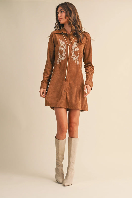 EMBROIDERED FLARE MINI DRESS