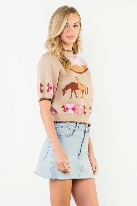PINK HORSE SHORT SLEEVE SWEATER