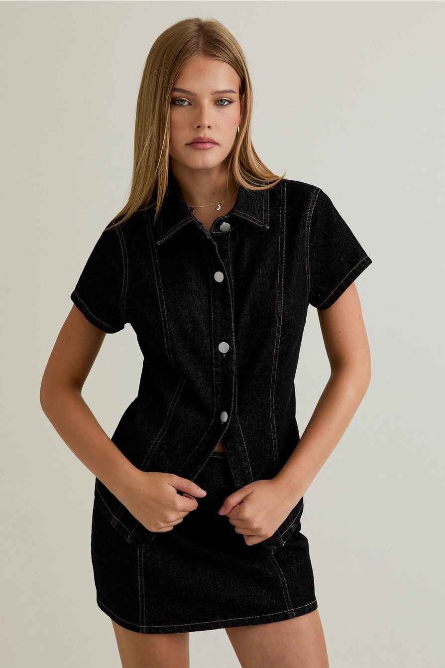 BUTTON FRONT BLACK DENIM TOP