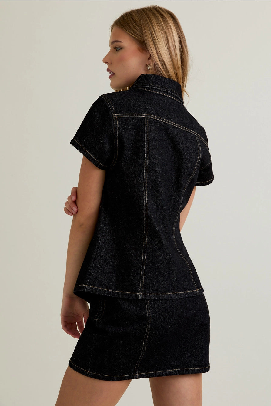 BUTTON FRONT BLACK DENIM TOP