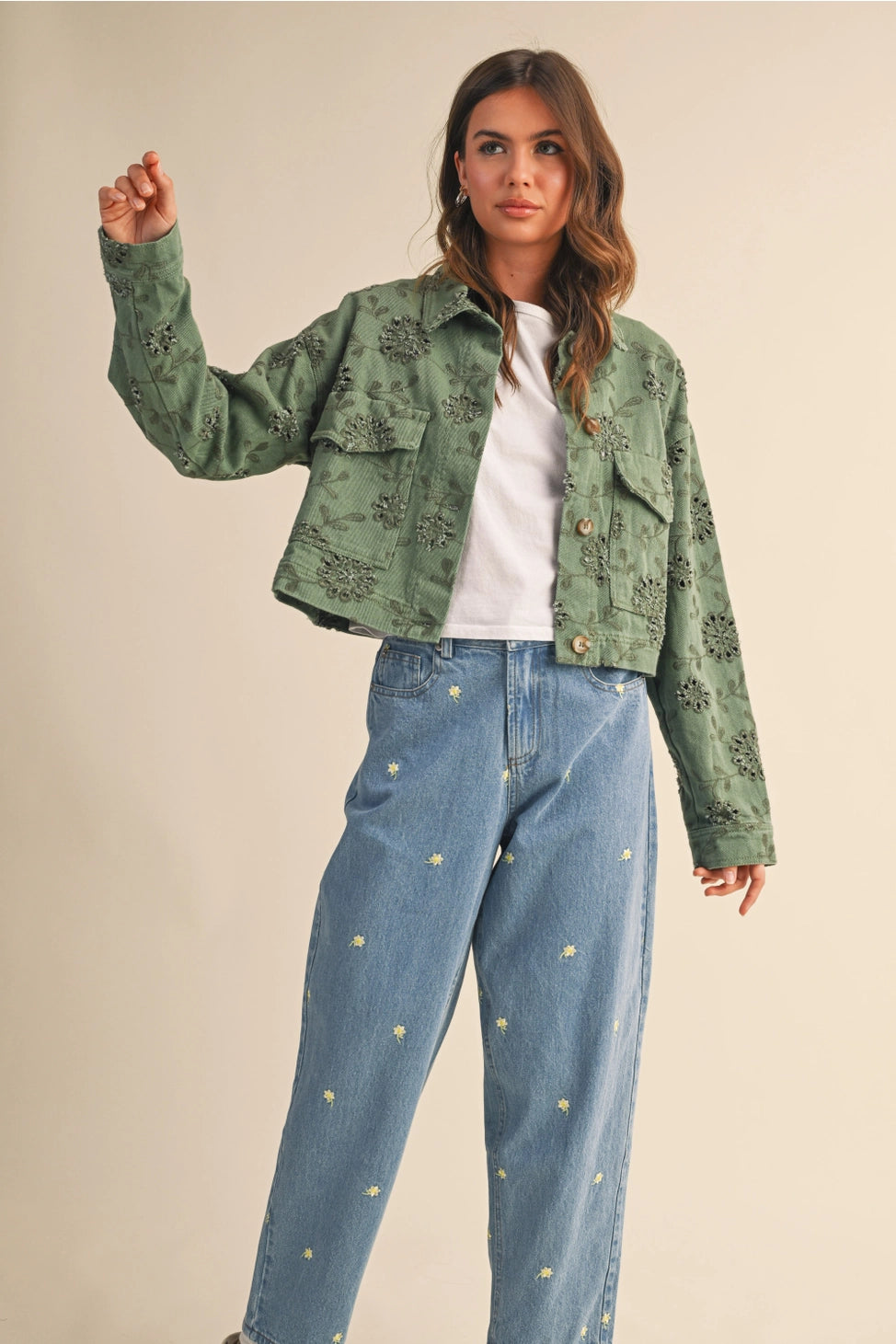 EYELET TWILL CROPPED JACKET