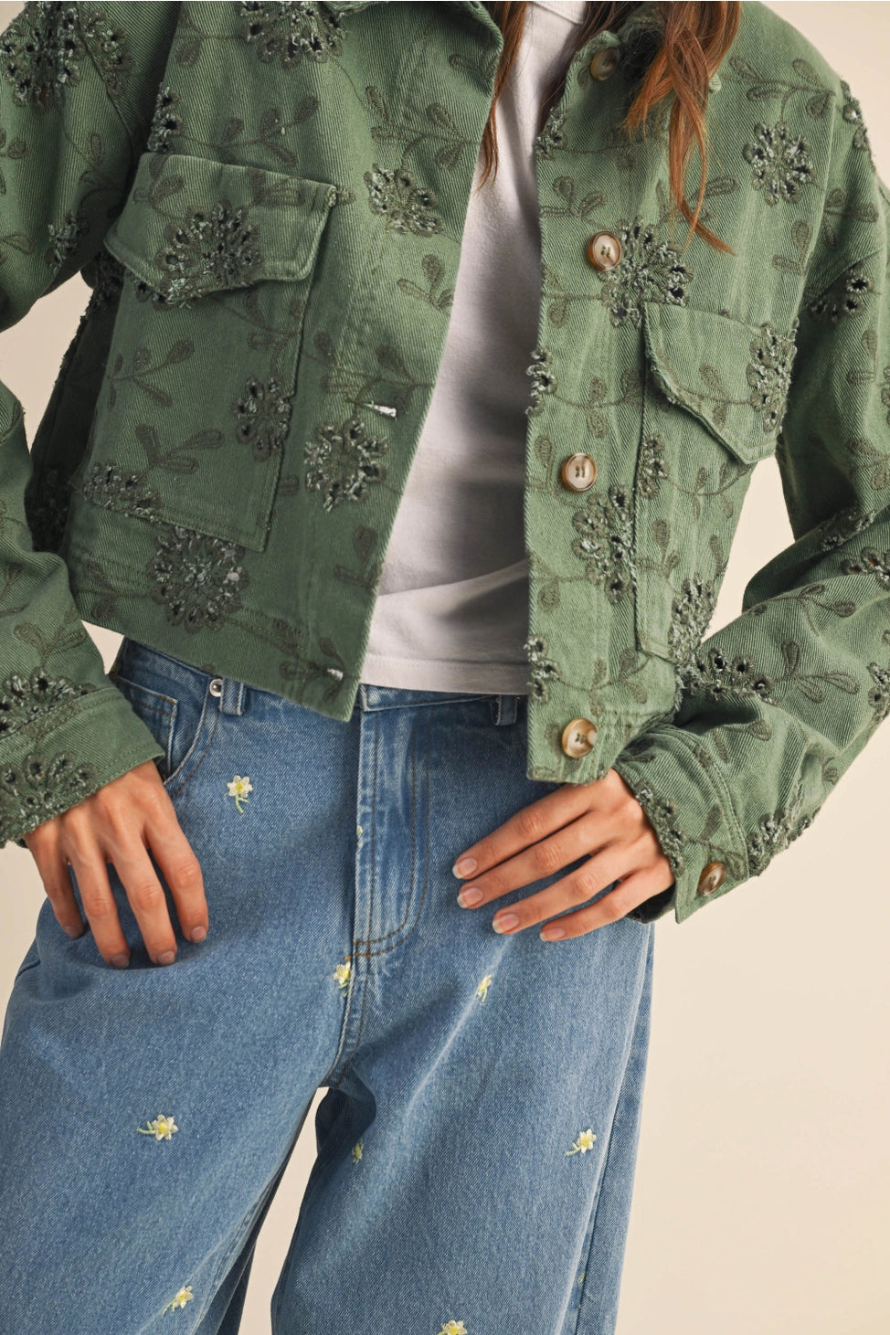 EYELET TWILL CROPPED JACKET