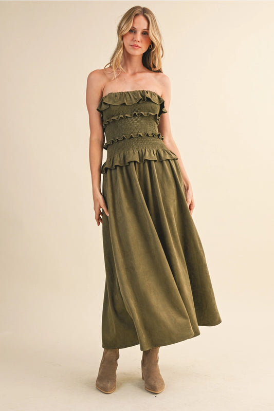 OLIVE SUEDE MAXI DRESS