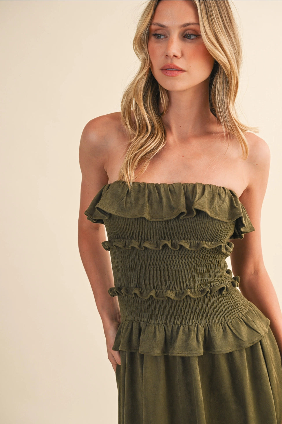 OLIVE SUEDE MAXI DRESS
