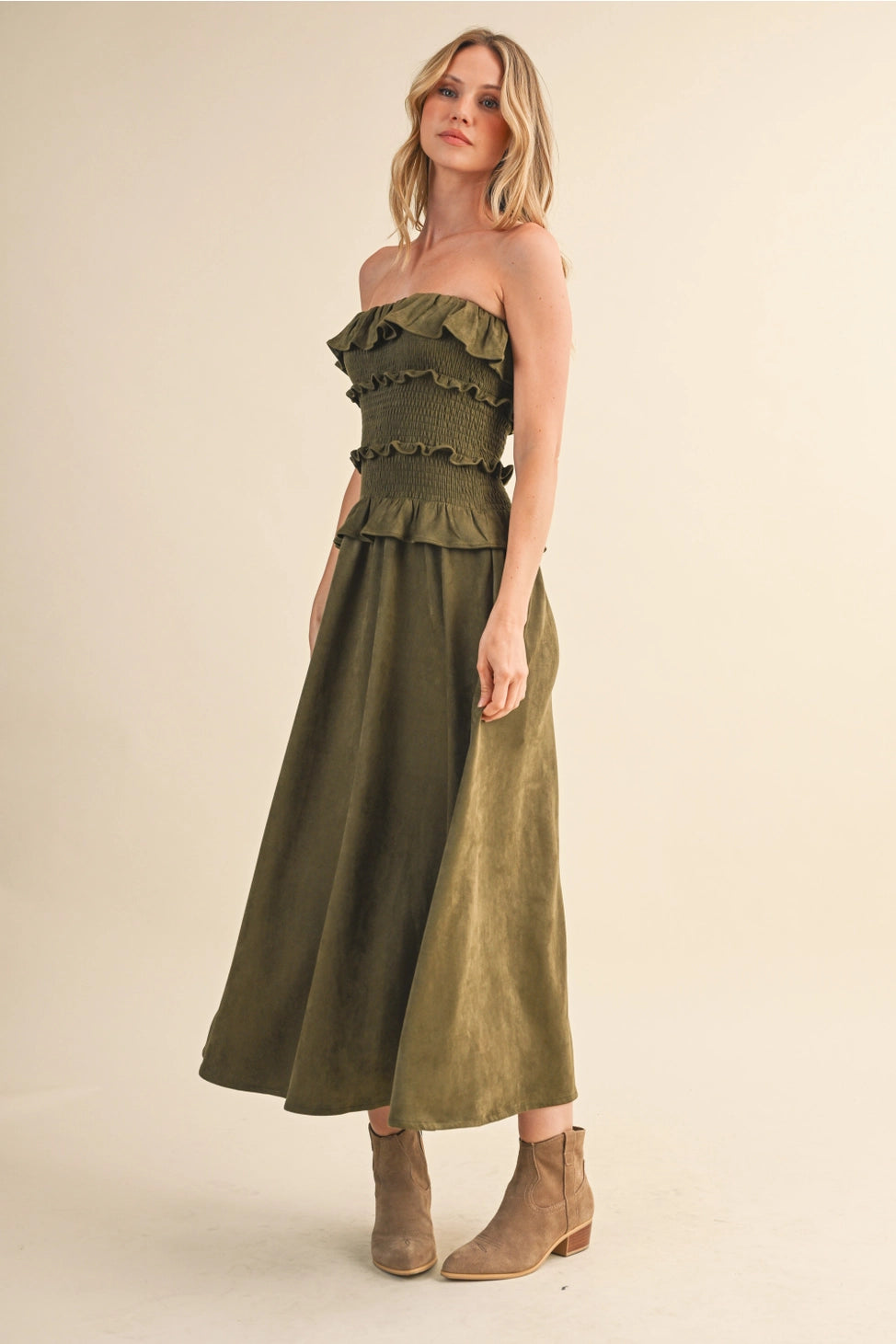 OLIVE SUEDE MAXI DRESS