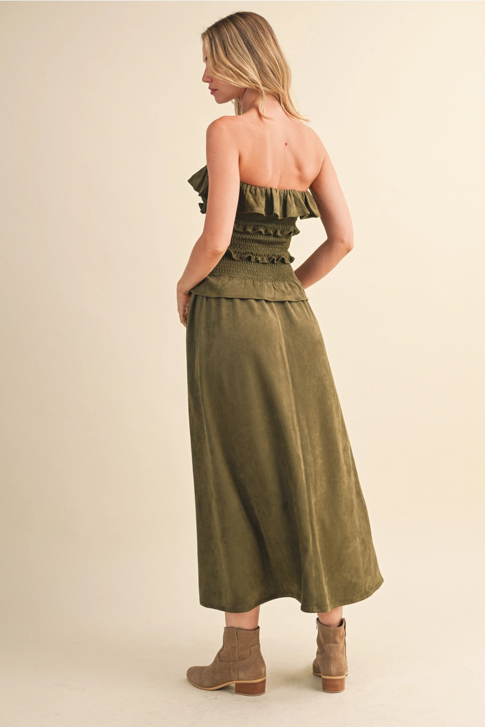 OLIVE SUEDE MAXI DRESS
