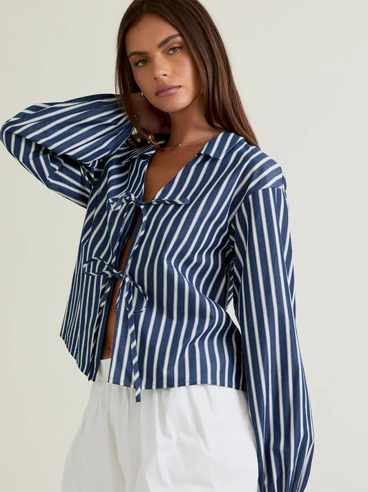 STRIPE LONG SLEEVE TIE TOP