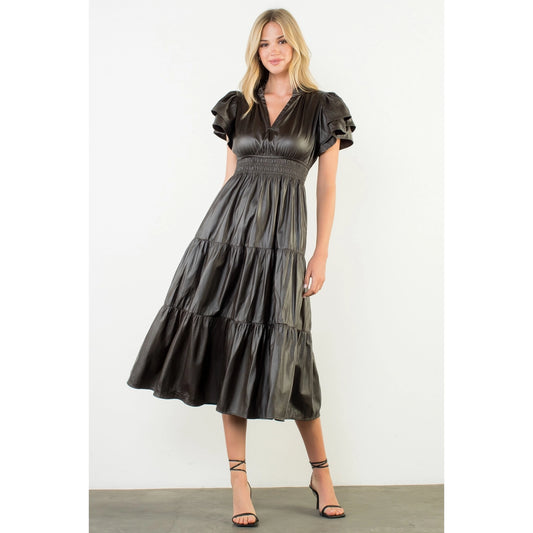 FLUTTER SLEEVE LEATHER MAXI DRESS