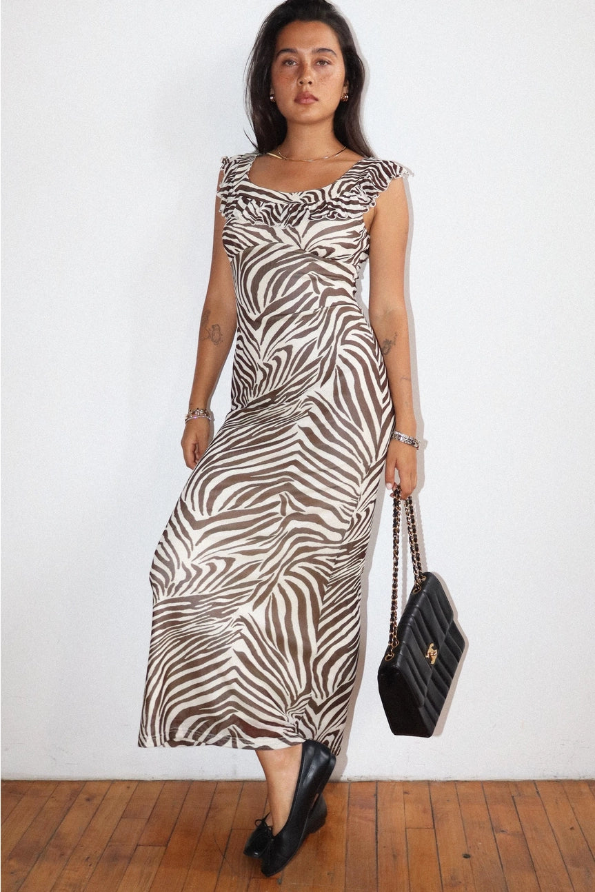 ZEBRA PRINT RUFFLE TRIM DRESS