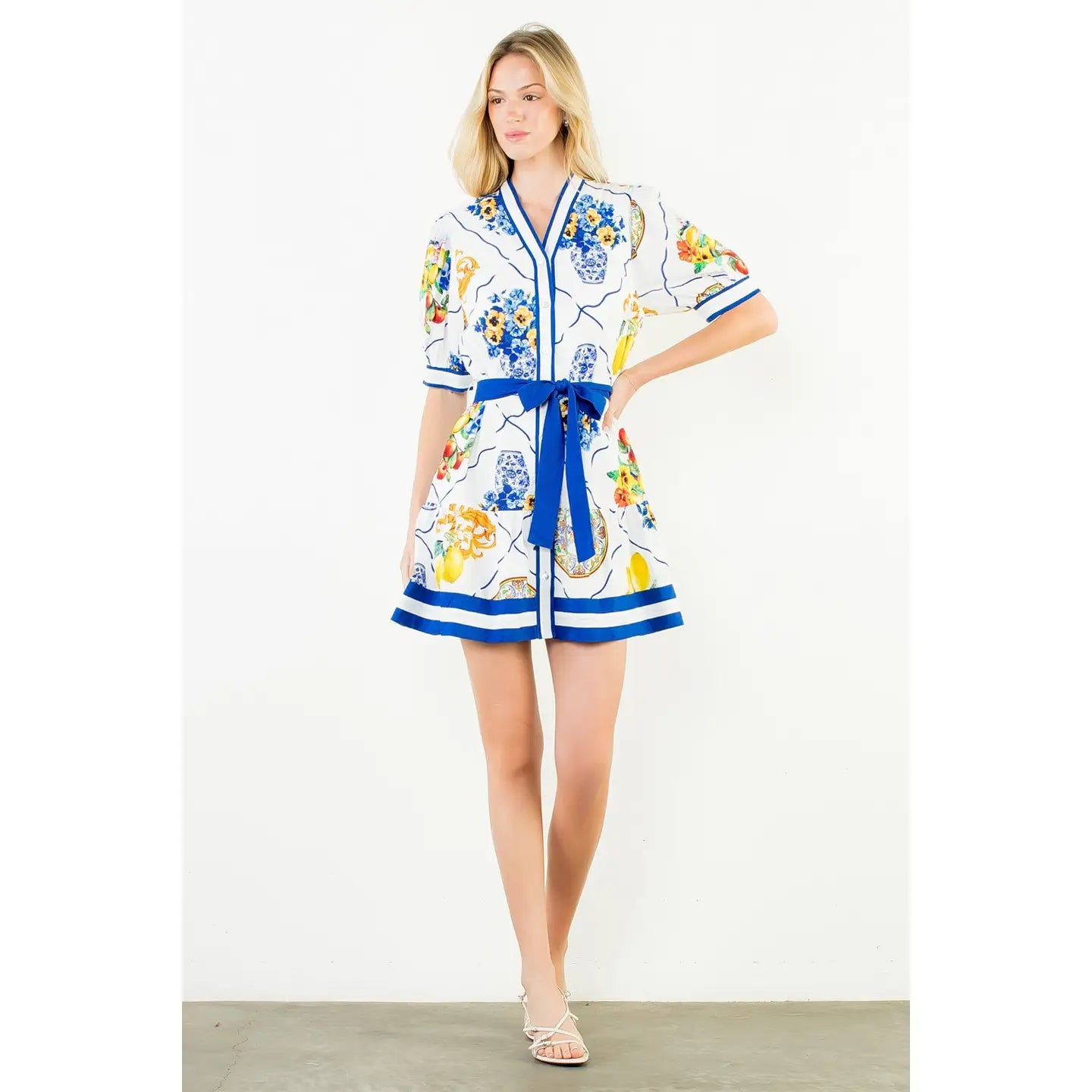 BUTTON FRUIT PRINT DRESS WITH TIE WAIST