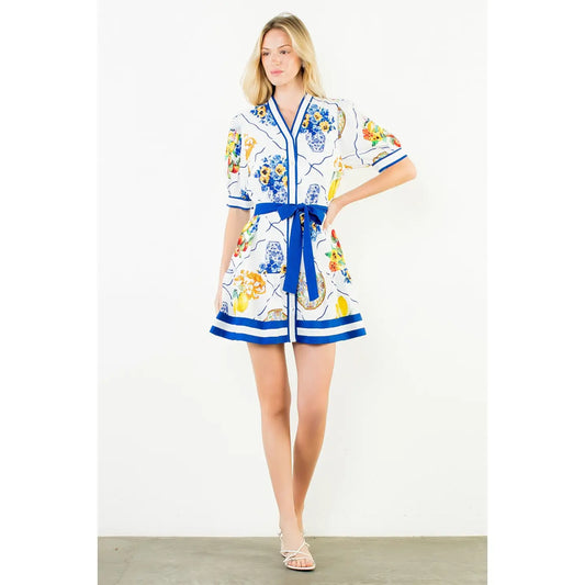 BUTTON FRUIT PRINT DRESS WITH TIE WAIST