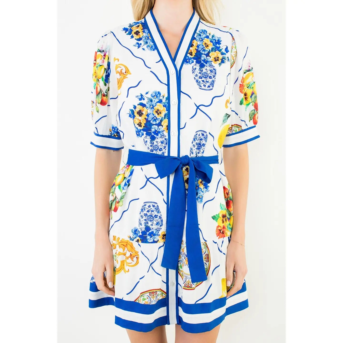 BUTTON FRUIT PRINT DRESS WITH TIE WAIST