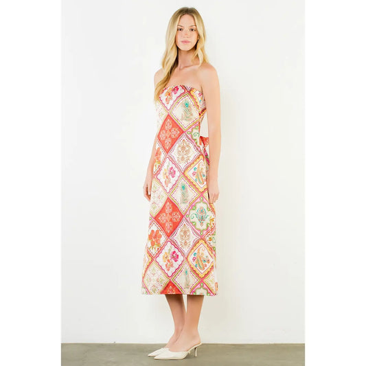 STRAPLESS FLORAL DRESS WITH TIE BACK