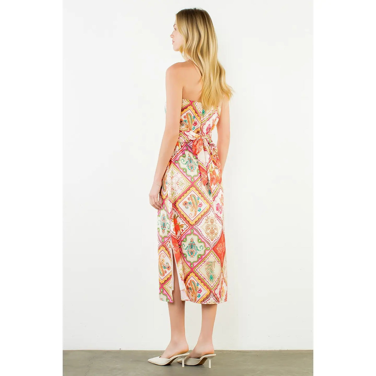 STRAPLESS FLORAL DRESS WITH TIE BACK