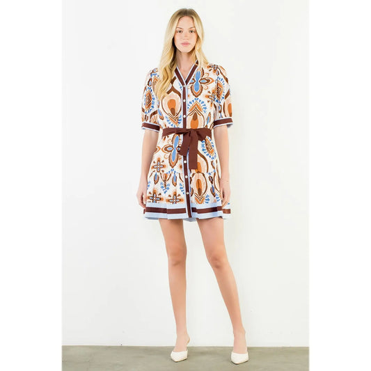 BUTTON PRINTED SHORT DRESS WITH TIE WAIST