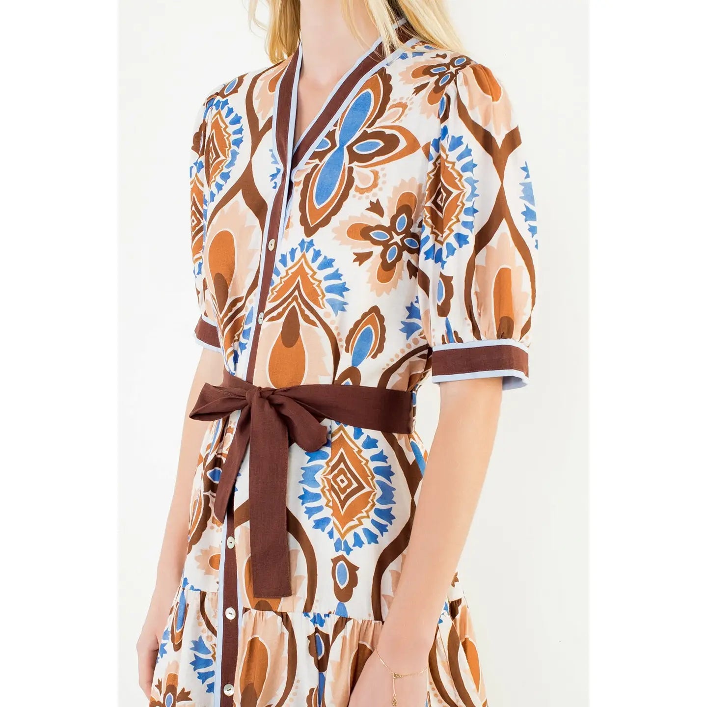 BUTTON PRINTED SHORT DRESS WITH TIE WAIST