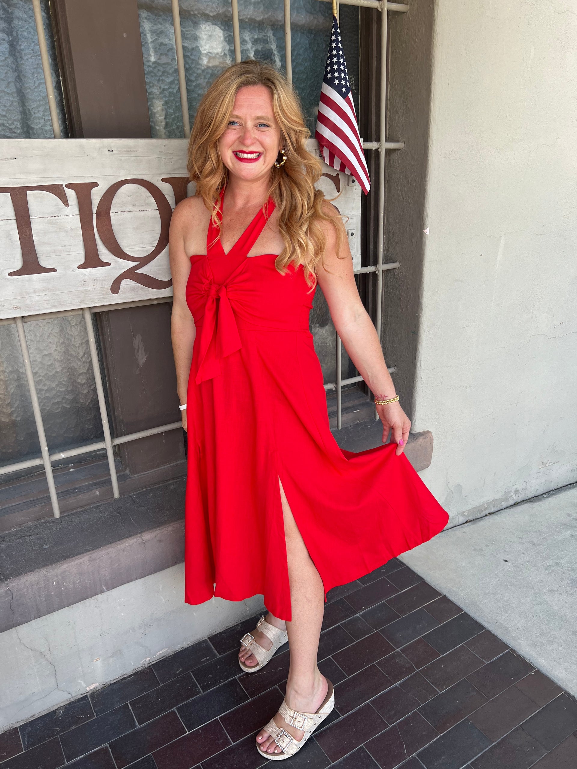 open lace back dress Amara Red Halter Neck Dress – Epiphany Clothing main image 1