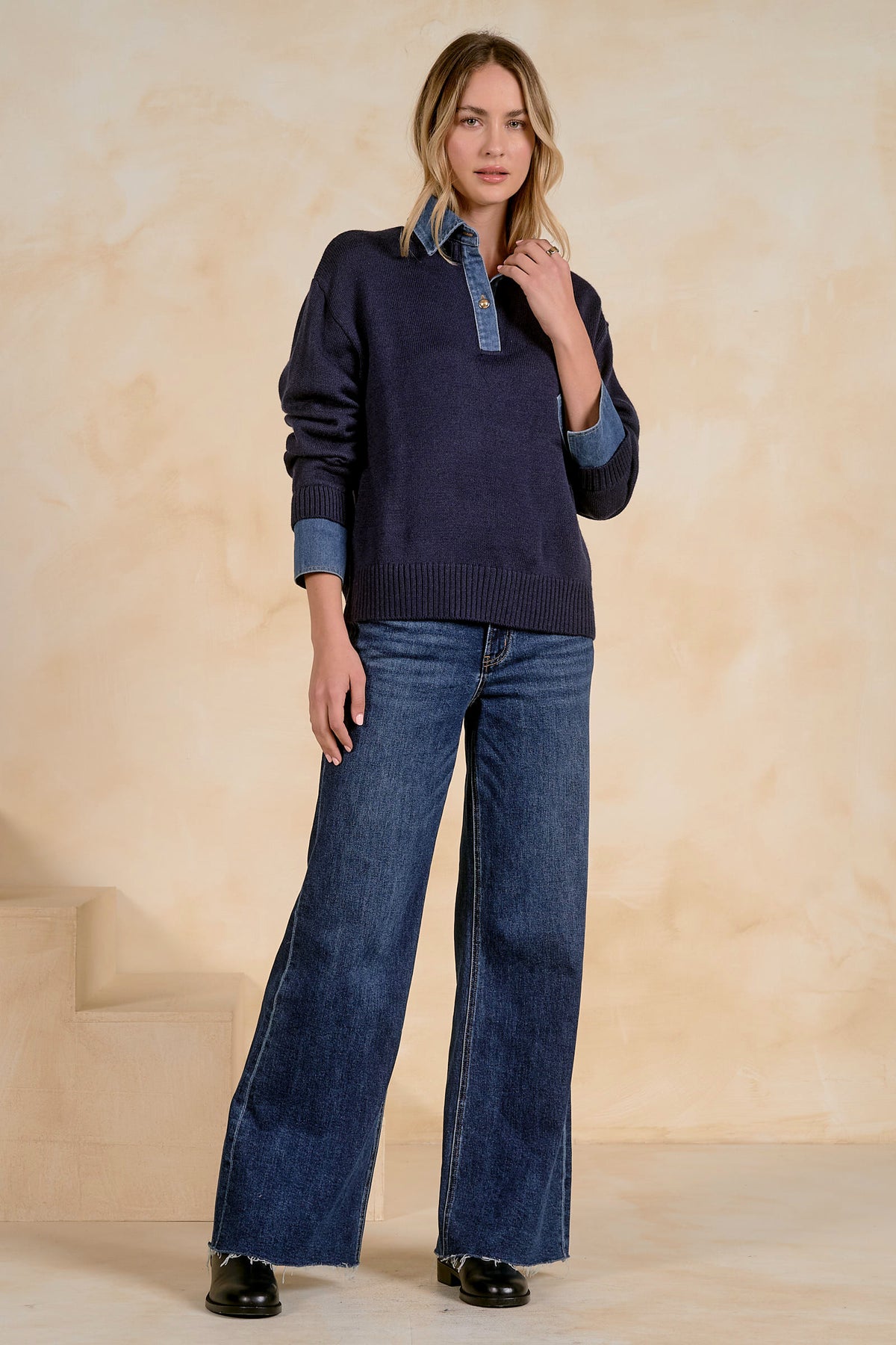 DENIM COLLAR SWEATER
