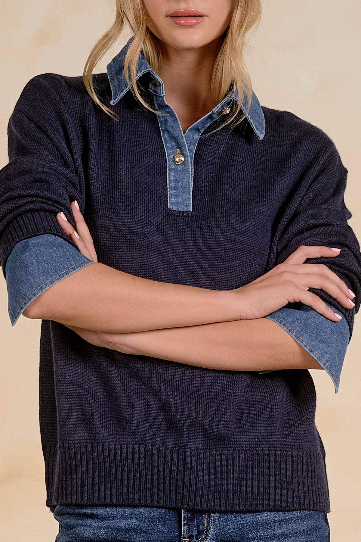 DENIM COLLAR SWEATER