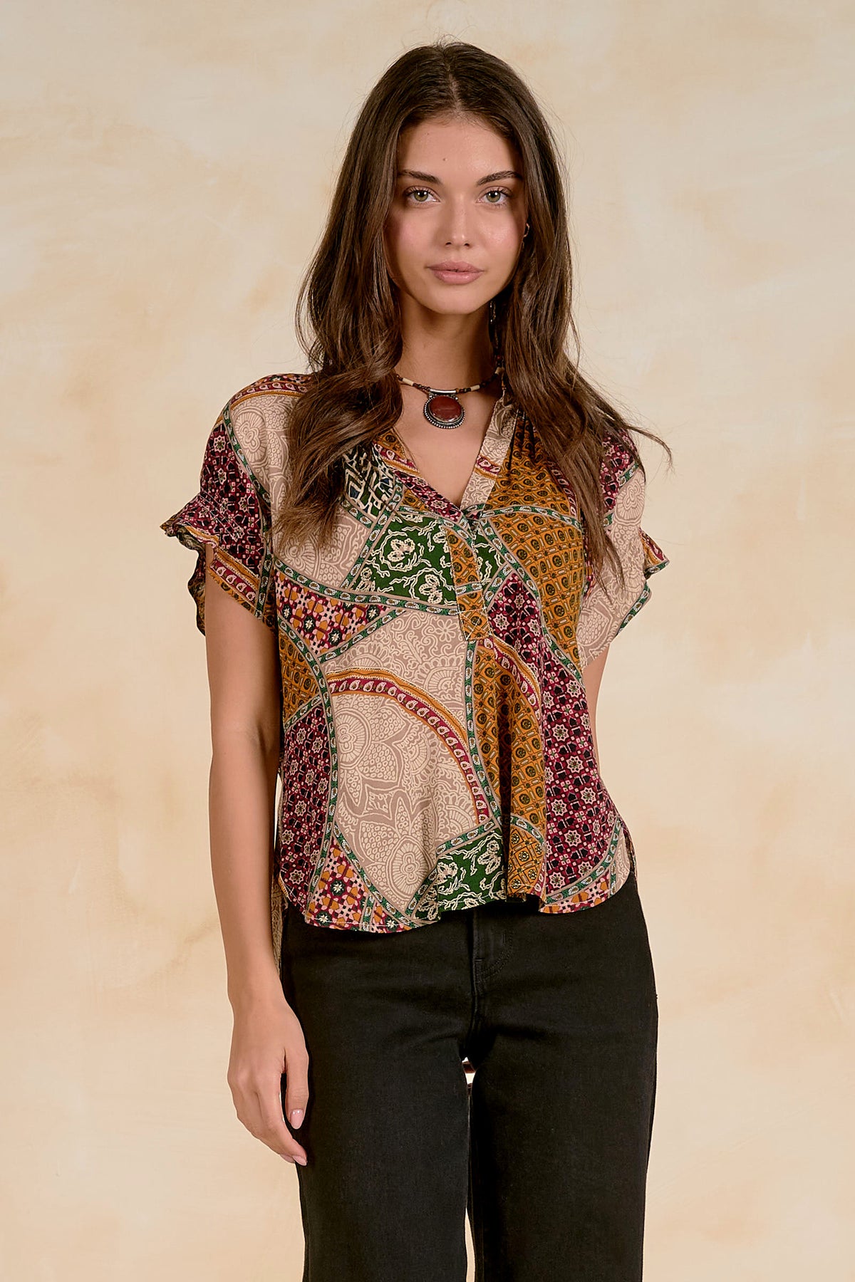 BOHO PRINT V-NECK TOP