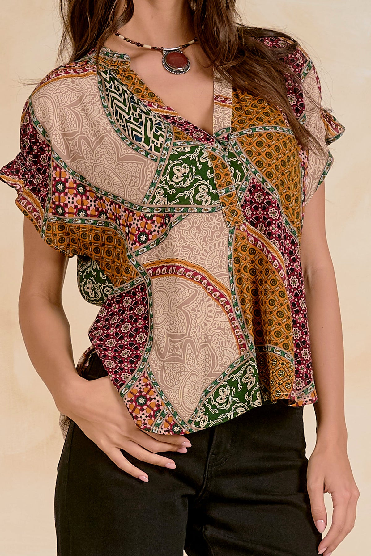 BOHO PRINT V-NECK TOP
