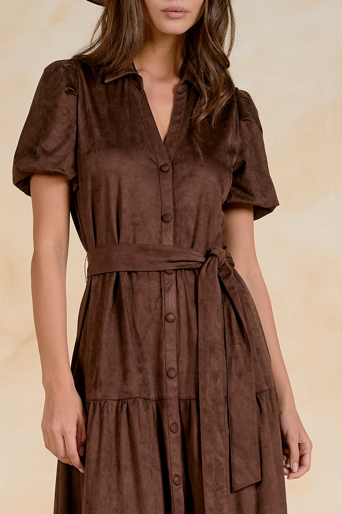 FAUX SUEDE PUFF SLEEVE DRESS