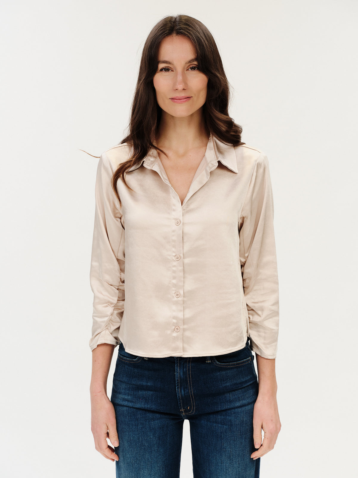 DESSI RUCHED SLEEVE BUTTON DOWN